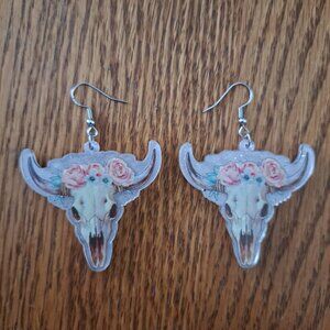 Handmade Dangle Earrings Buffalo Skull With Roses Silver Hook Pierced Earrings
